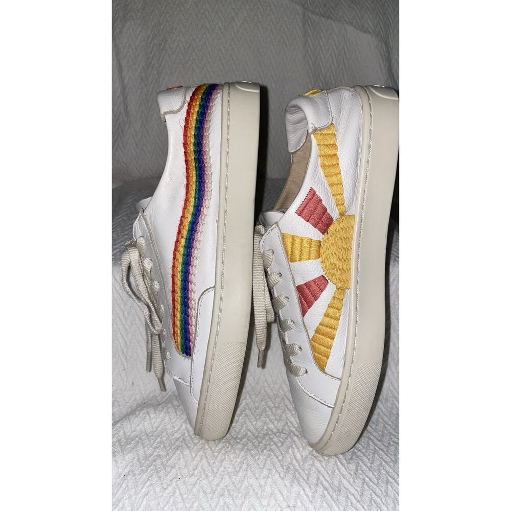 Soludos White Sneakers with Rainbow Stripe and Yellow Sun Embroidery